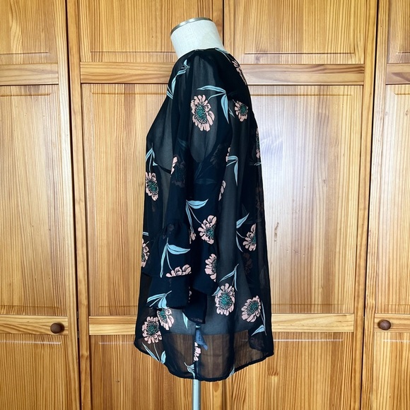 CAbi Large Black Floral Sheer Button Up Blouse Ruffle Sleeves Office Wear - Picture 3 of 9